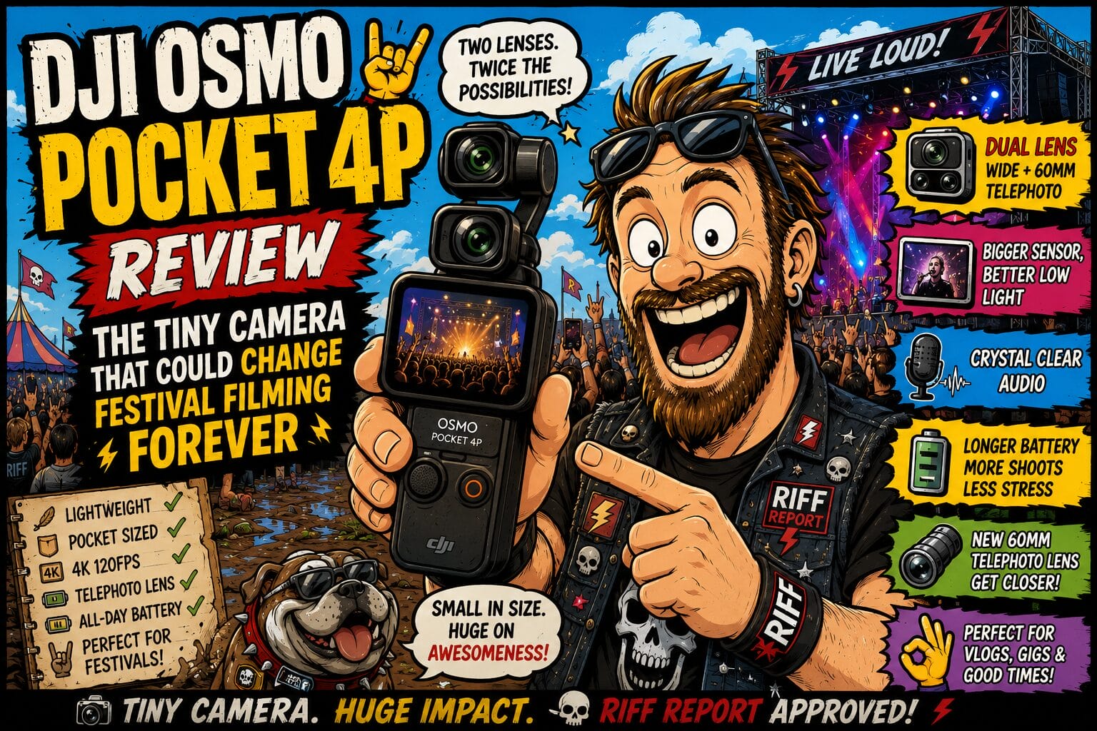 Cartoon poster advertising a DJI Osmo Pocket 4K review with a smiling man holding a handheld camera at a festival crowd.