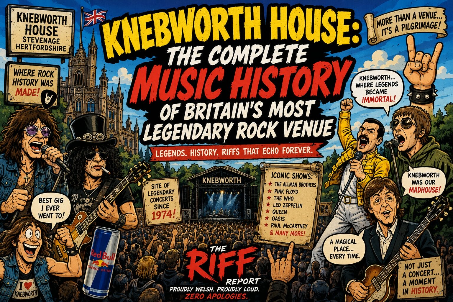 Colorful poster-style illustration for Knebworth House concerts, with rock musicians performing and a cheering crowd, titled 'Knebworth House: The Complete Music History'.
