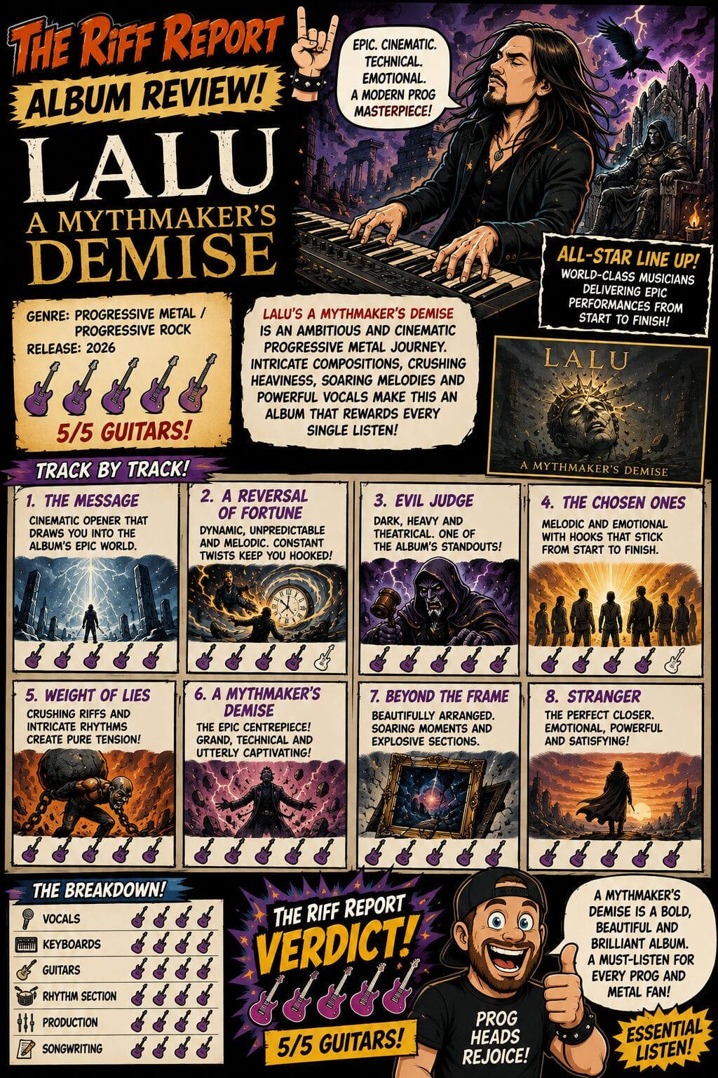 Comic-style album review poster for Lalu: A Mythmaker's Demise, showing a musician at a keyboard with track cards and branding