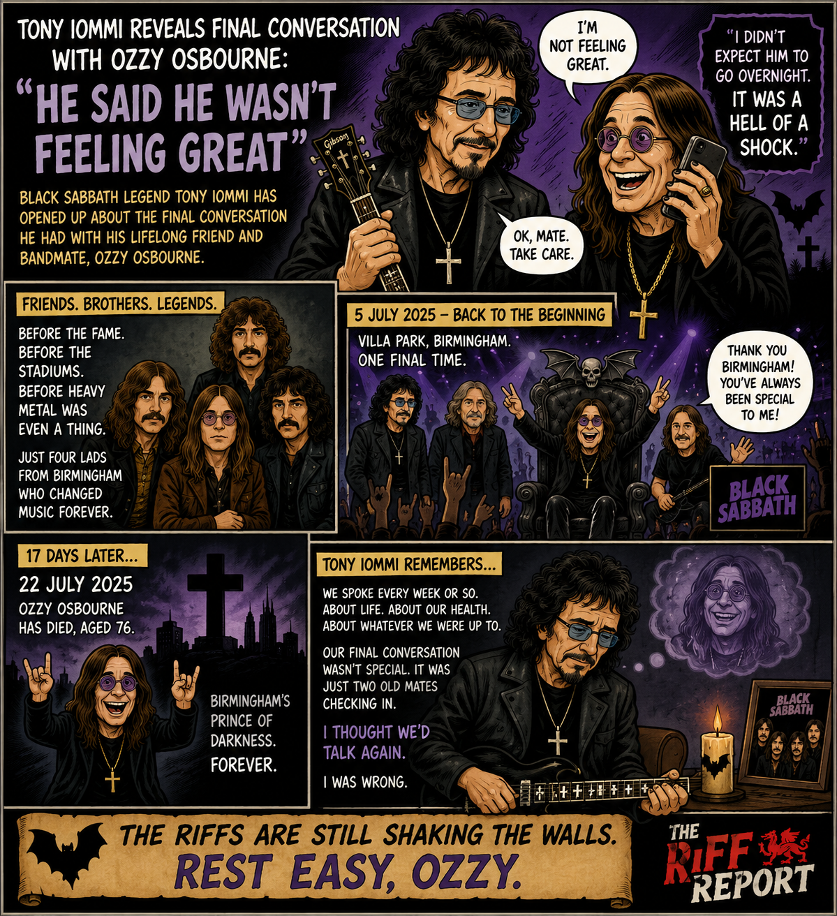 Comic page about Tony Iommi and Ozzy Osbourne recounting their final conversations, with the title 'He Said He Wasn't Feeling Great' and multiple panels illustrating memories and tributes to Black Sabbath.