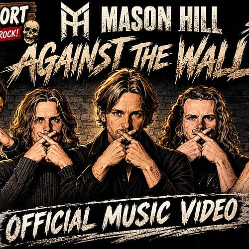 Mason Hill band members pose with fingers to lips in a promo banner for 'Against the Wall' — official music video, dark brick background with logo text.