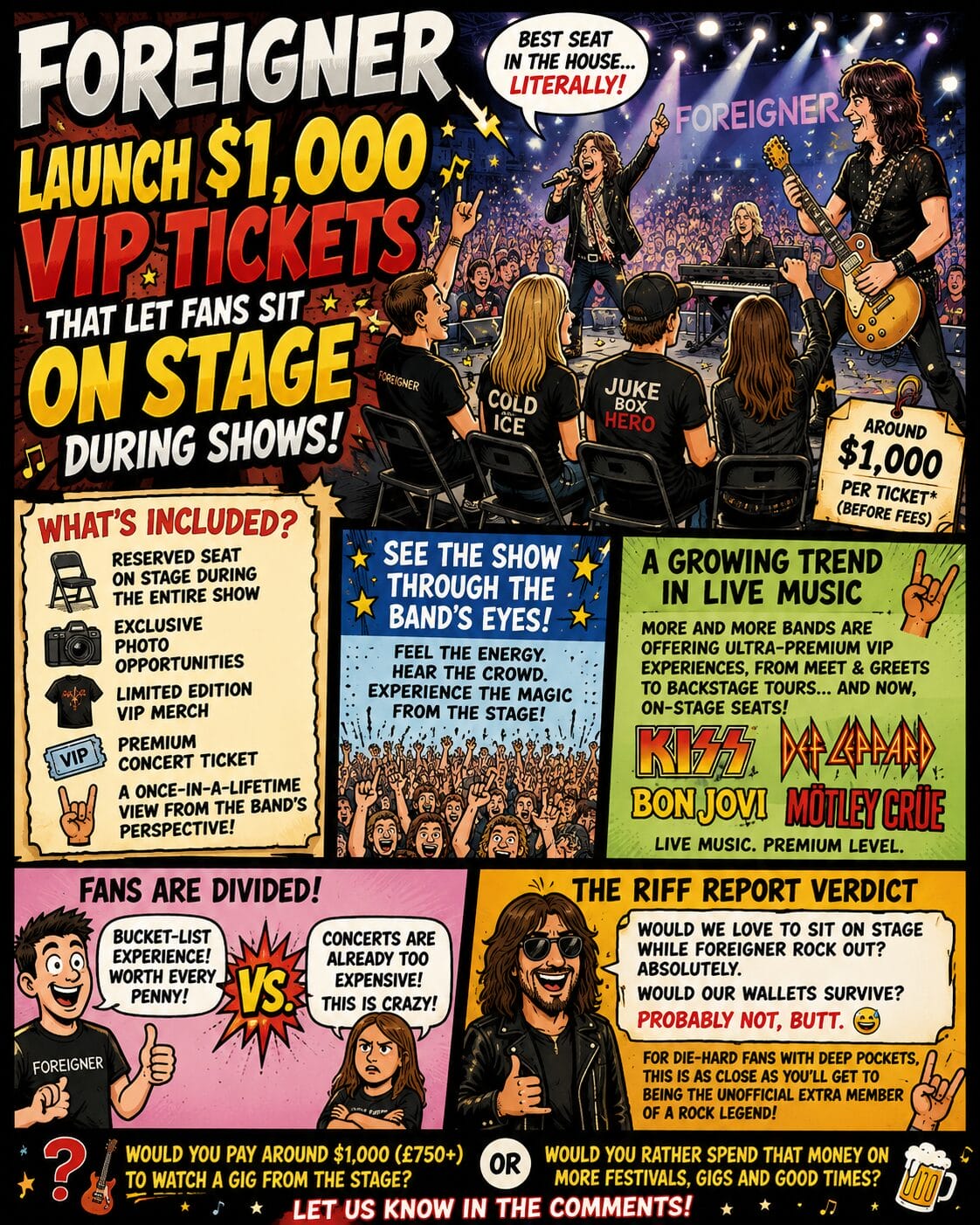 Comic-book style concert poster promoting Foreigner VIP tickets and on-stage access for fans during shows, with bold pricing and band imagery.