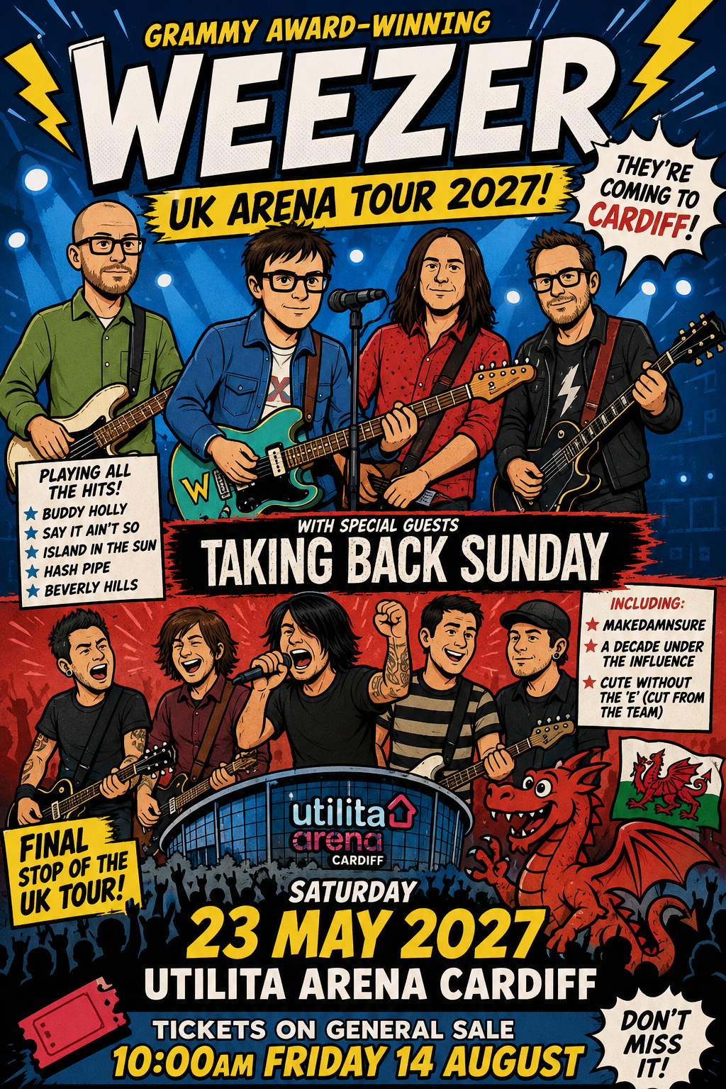 Poster promoting Weezer UK Arena Tour 2027 in Cardiff with band members performing on stage and crowd below, large WEEZER text and date May 23, 2027.