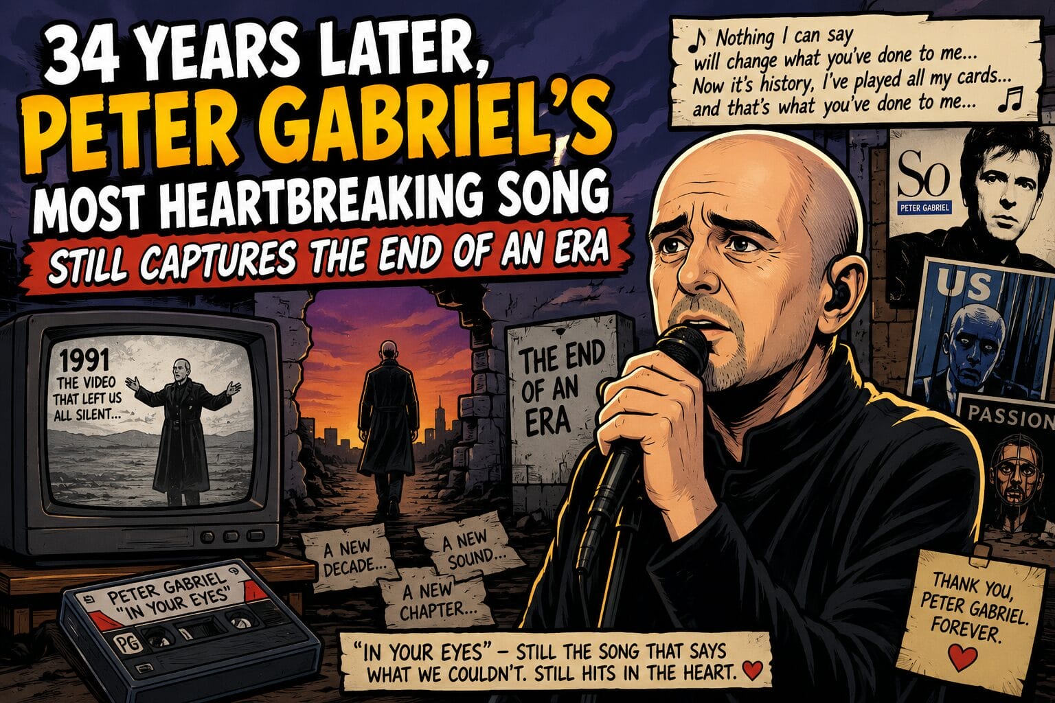 Comic-style poster announcing '34 Years Later: Peter Gabriel's Most Heartbreaking Song' with a singer at a microphone, a retro TV showing a man, and torn posters reading 'The End of an Era' and 'A New Decade'.