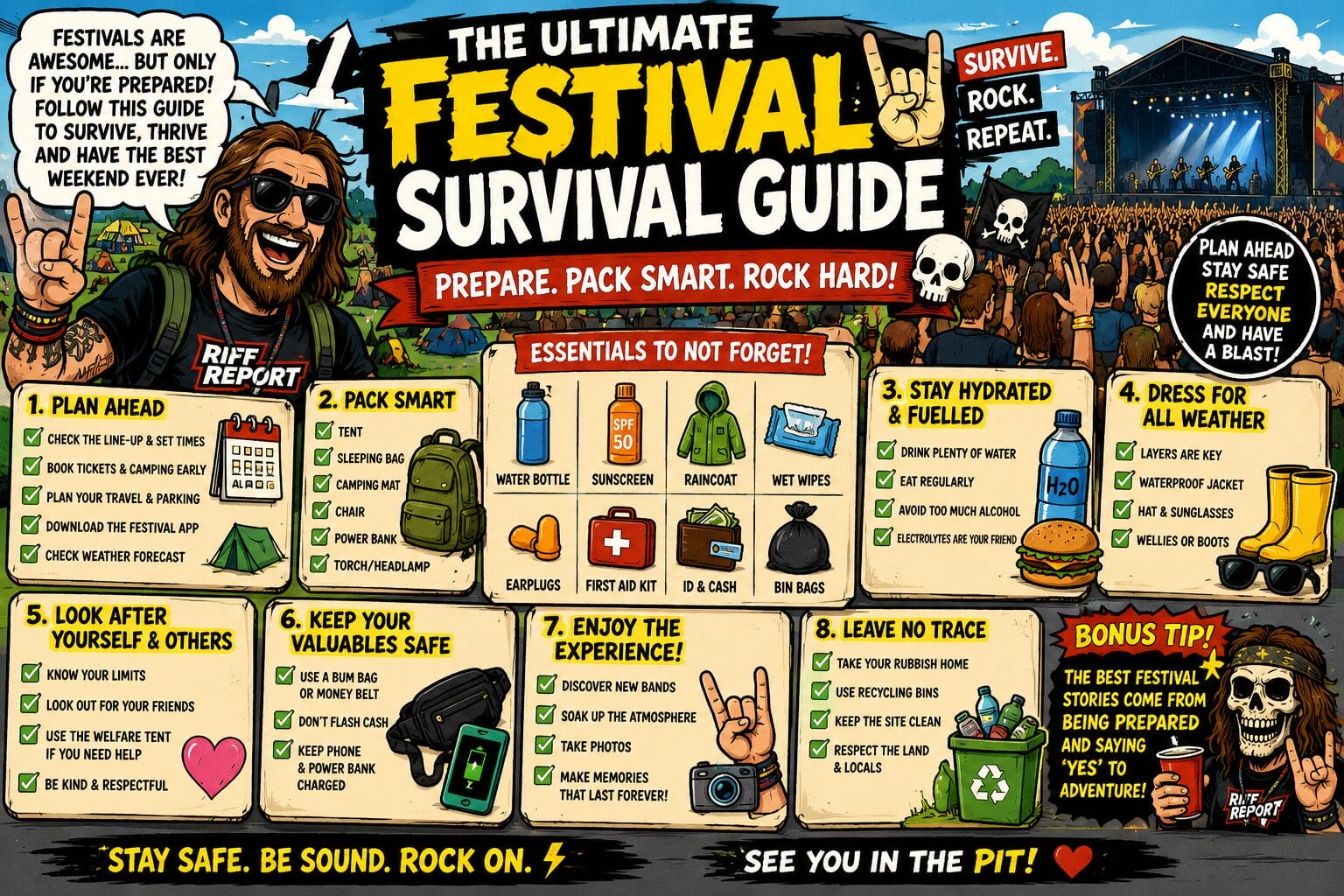 Colorful comic-style festival survival guide with crowd, stage, and eight tip panels (Plan Ahead, Pack Smart, Stay Hydrated, Dress for Weather, Look After Yourself, Keep Valuables Safe, Enjoy the Experience, Leave No Trace).