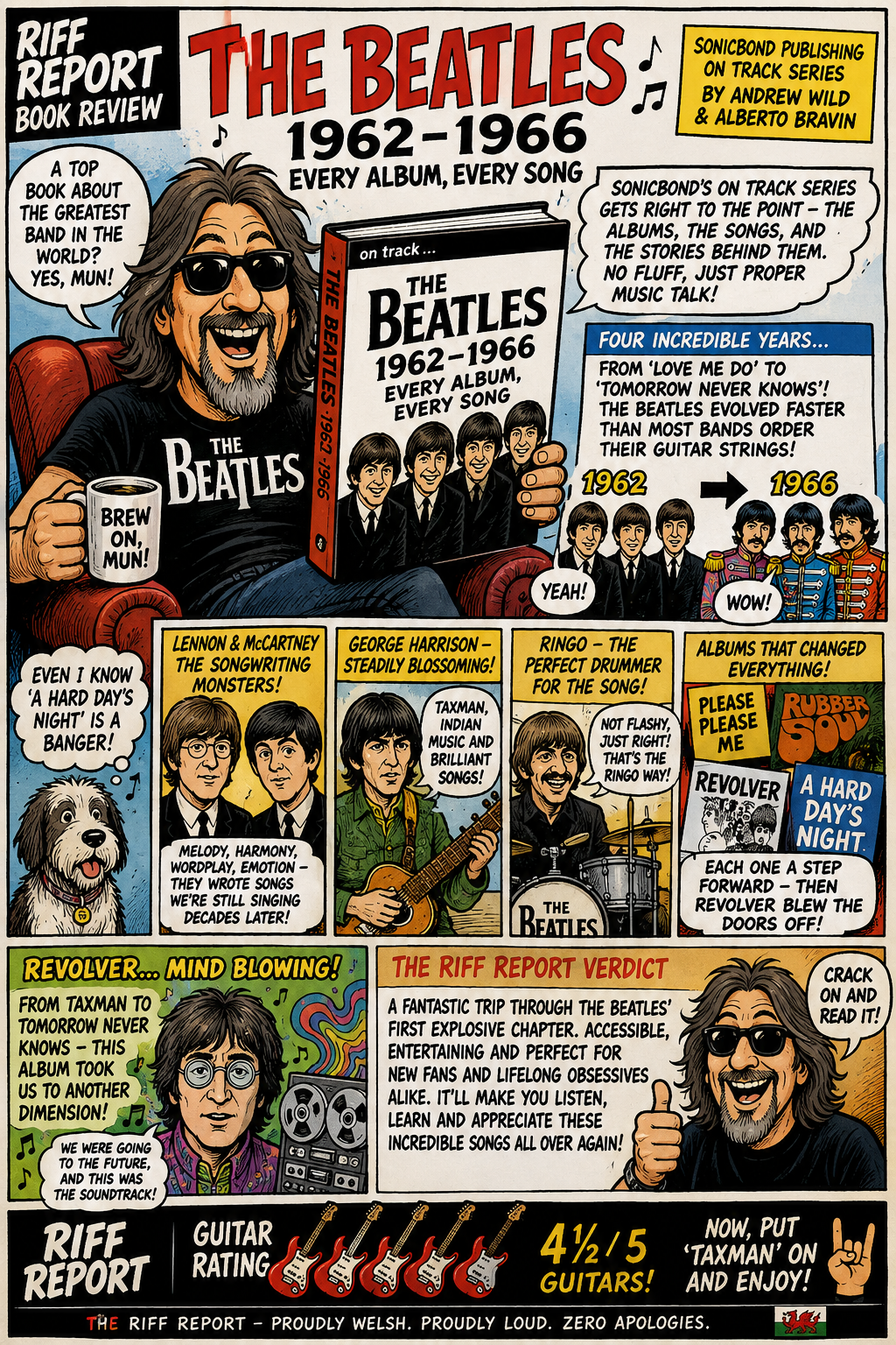 Colorful comic-style poster about The Beatles 1962–1966 book, featuring a bearded man with sunglasses holding the book and panels highlighting milestones and captions.