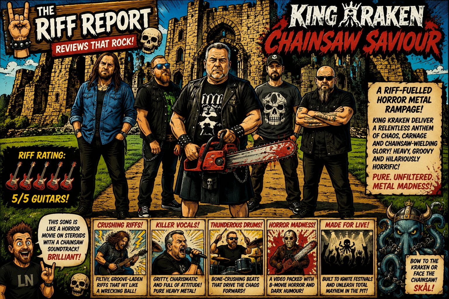 Comic-style band poster: five rockers pose before a ruined castle, central figure wields a bloody chainsaw, bold titles read The Riff Report and King Kraken Chainsaw Saviour.