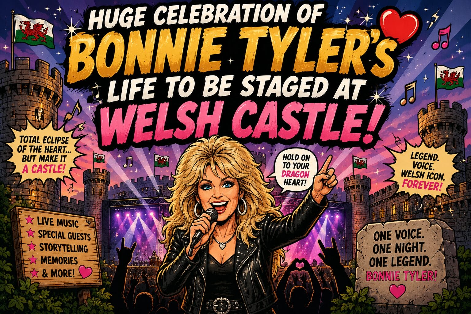 Colorful comicโstyle poster announcing Bonnie Tylerโs lifeโtoโbe staged concert at Welsh Castle, with a blonde singer on stage before a castle crowd and bold headlines.