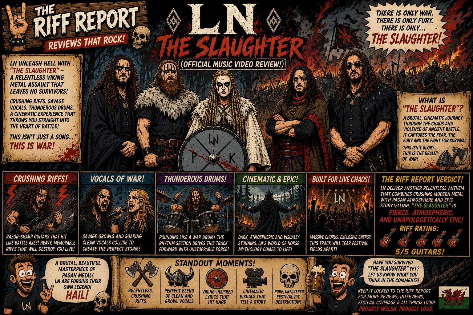 Comic-style poster for LN The Slaughter featuring five Viking-style warriors in front of a fiery battlefield crowd at dusk.