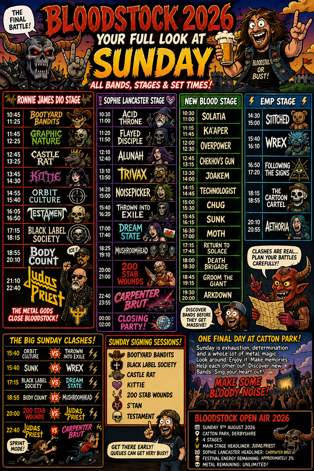 Colorful Bloodstock 2026 Sunday schedule poster showing four stages and band lineups with times.