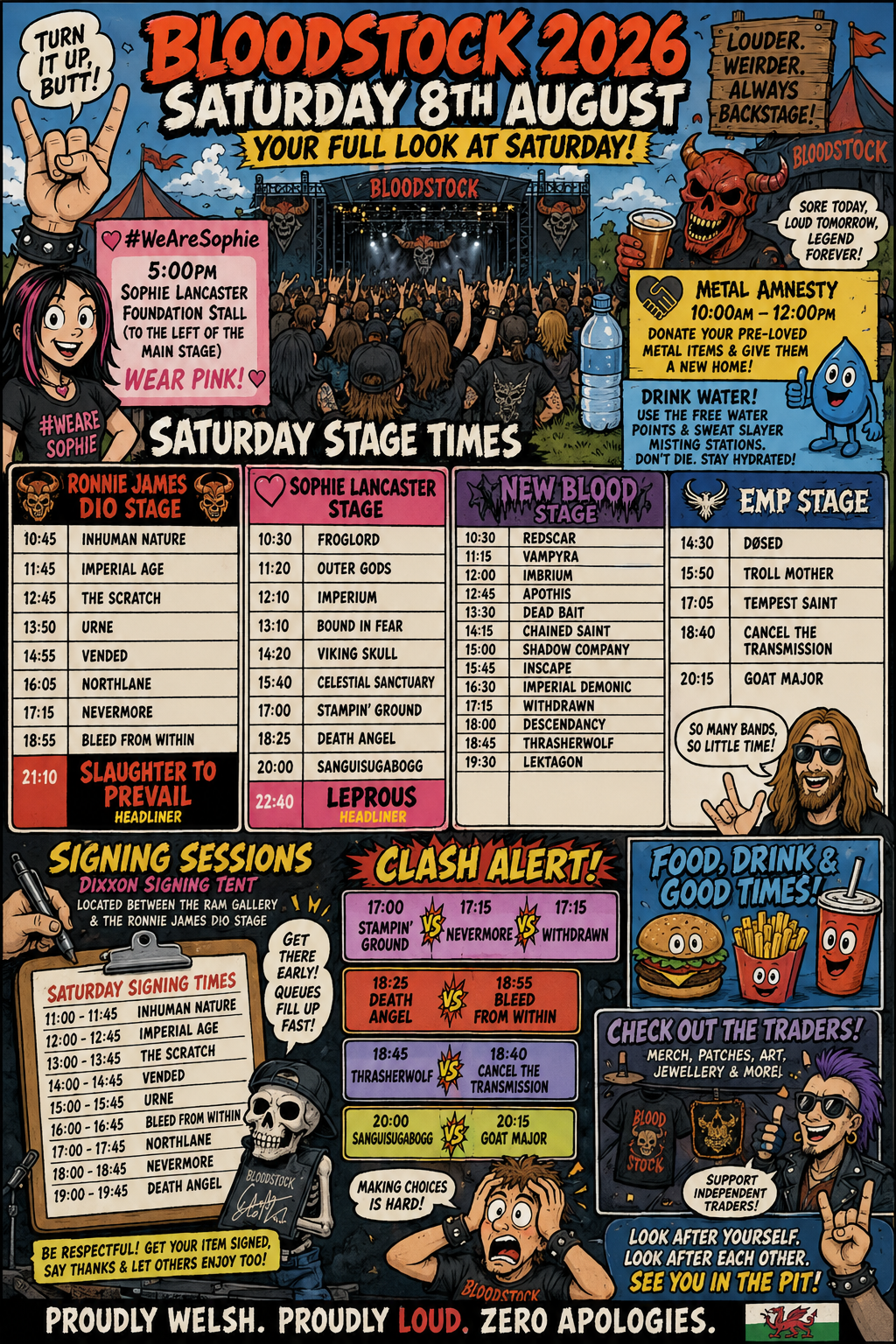 Colorful Bloodstock 2026 festival poster with a crowd at the main stage, schedule panels, and playful cartoon characters.