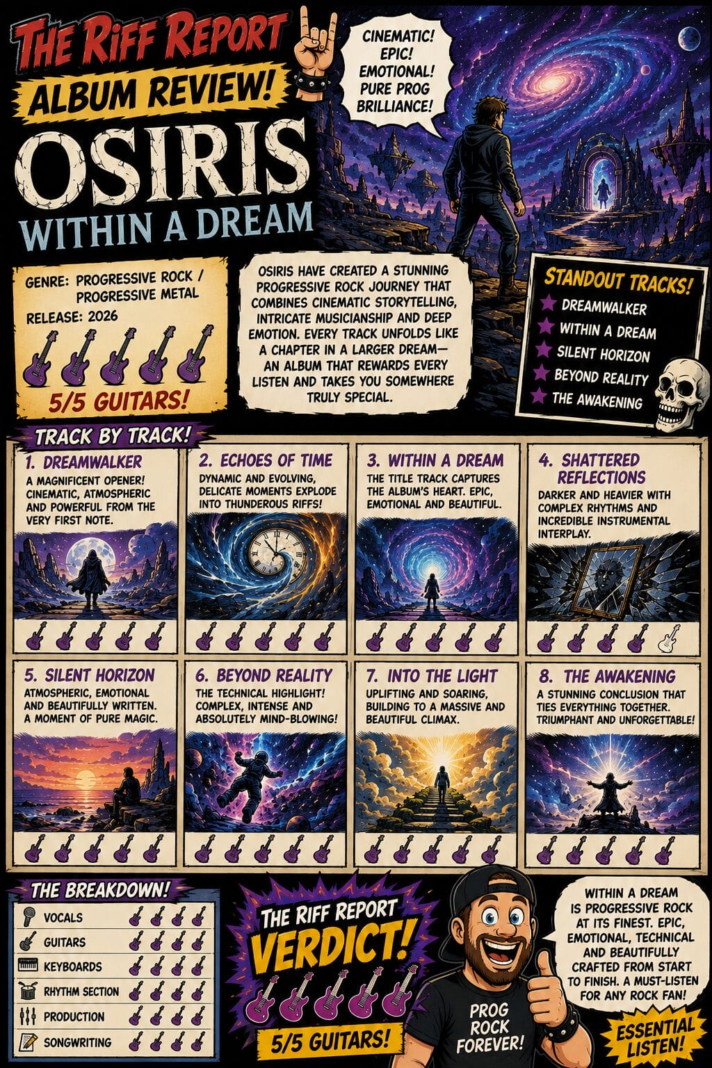 Comic-book style album review for Osiris: Within a Dream, with track-by-track cards and guitars.