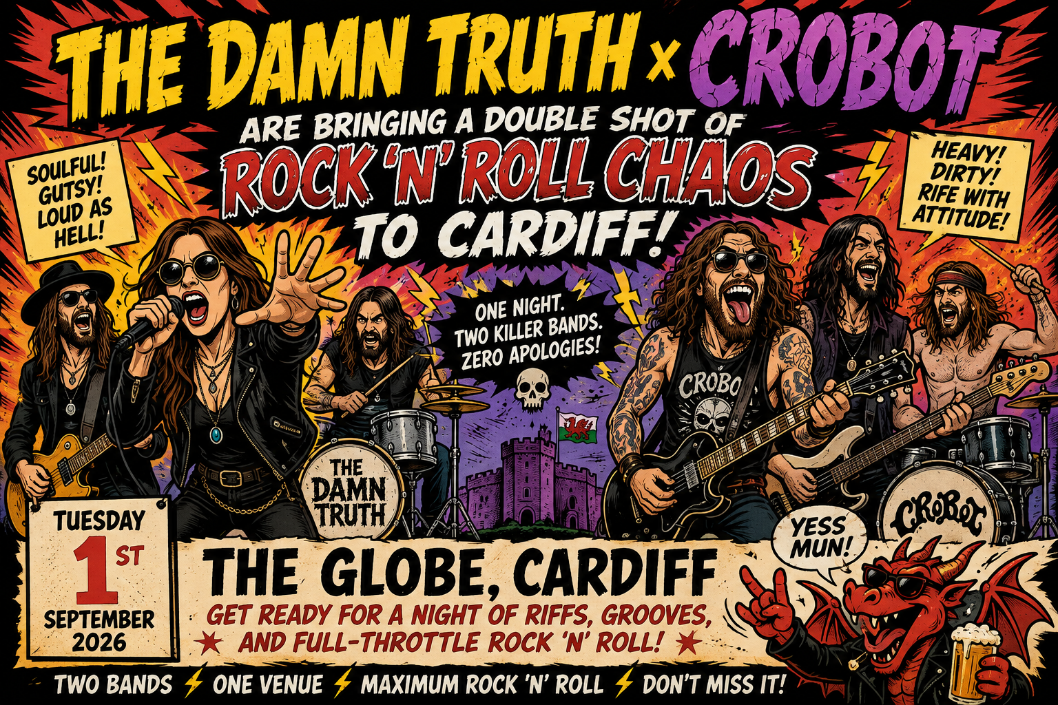 Concert poster advertising The Damn Truth x Crobot in Cardiff: two bands, energetic rock vibe, date September 1, 2026, with a dragon and castle motif and bold headlines.