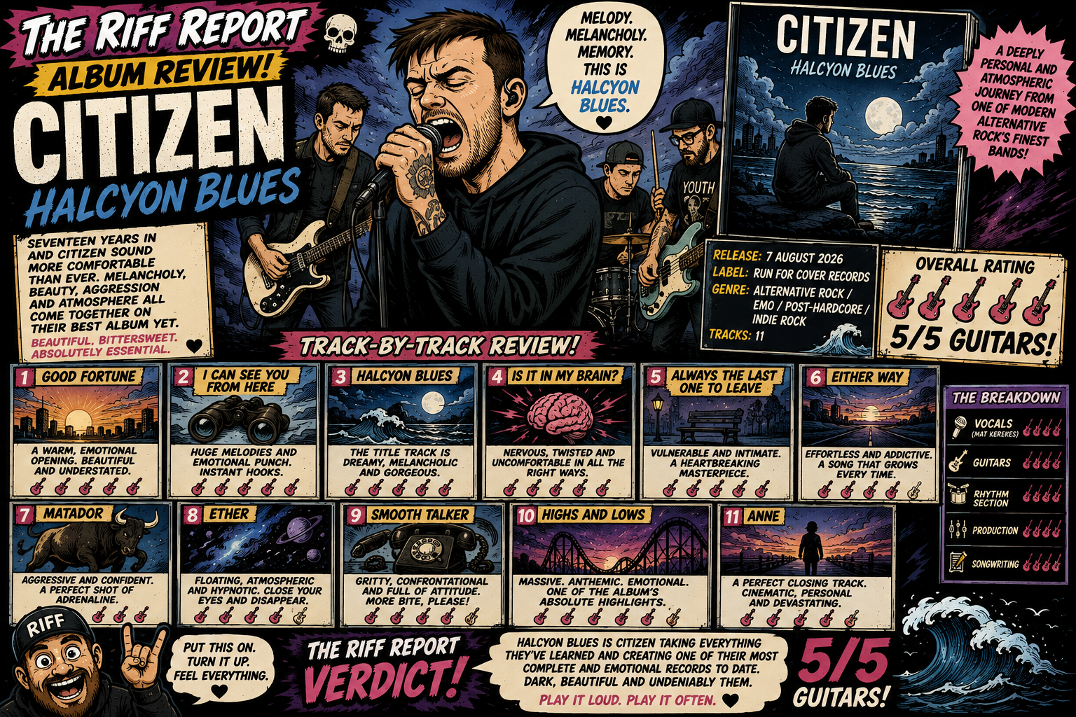 Comic-style album review poster for Citizen: Halcyon Blues, with band performing and track-by-track cards surrounding a cityscape.