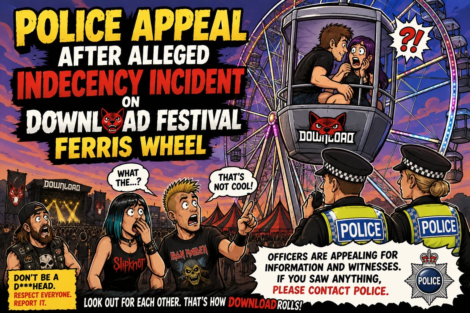 Comic-style poster announcing police appeal after alleged indecency incident on the Download Festival ferris wheel; crowd and officers depicted as witnesses.