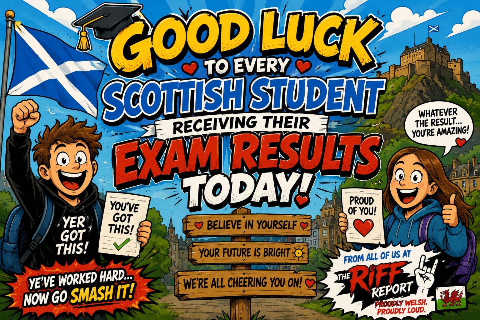 Colorful cartoon poster wishing good luck to Scottish students receiving exam results today, with a joyful boy and girl on either side and a Scottish flag above.