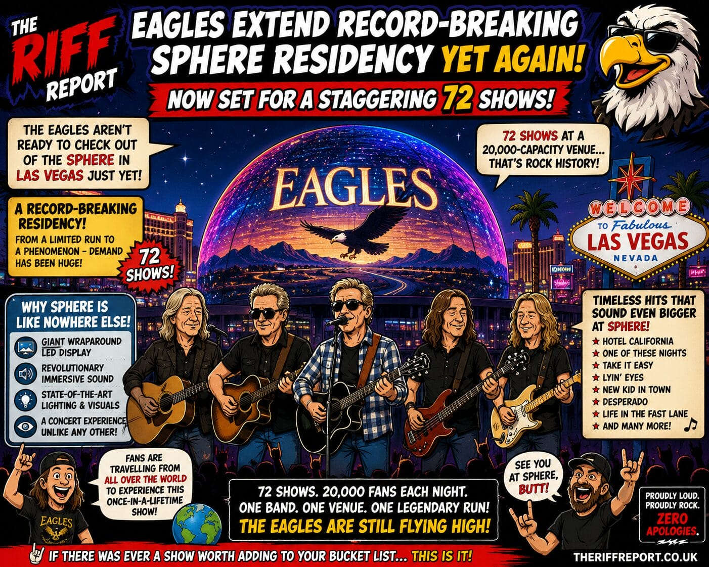 Cartoon poster advertising the Eagles' Las Vegas residency: five guitarists on stage with a glowing globe that says 'EAGLES' and a neon Las Vegas skyline.