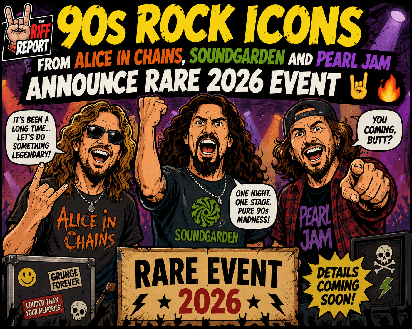 Promo poster illustration of 90s rock icons Alice in Chains, Soundgarden, and Pearl Jam announcing a 2026 rare event show.