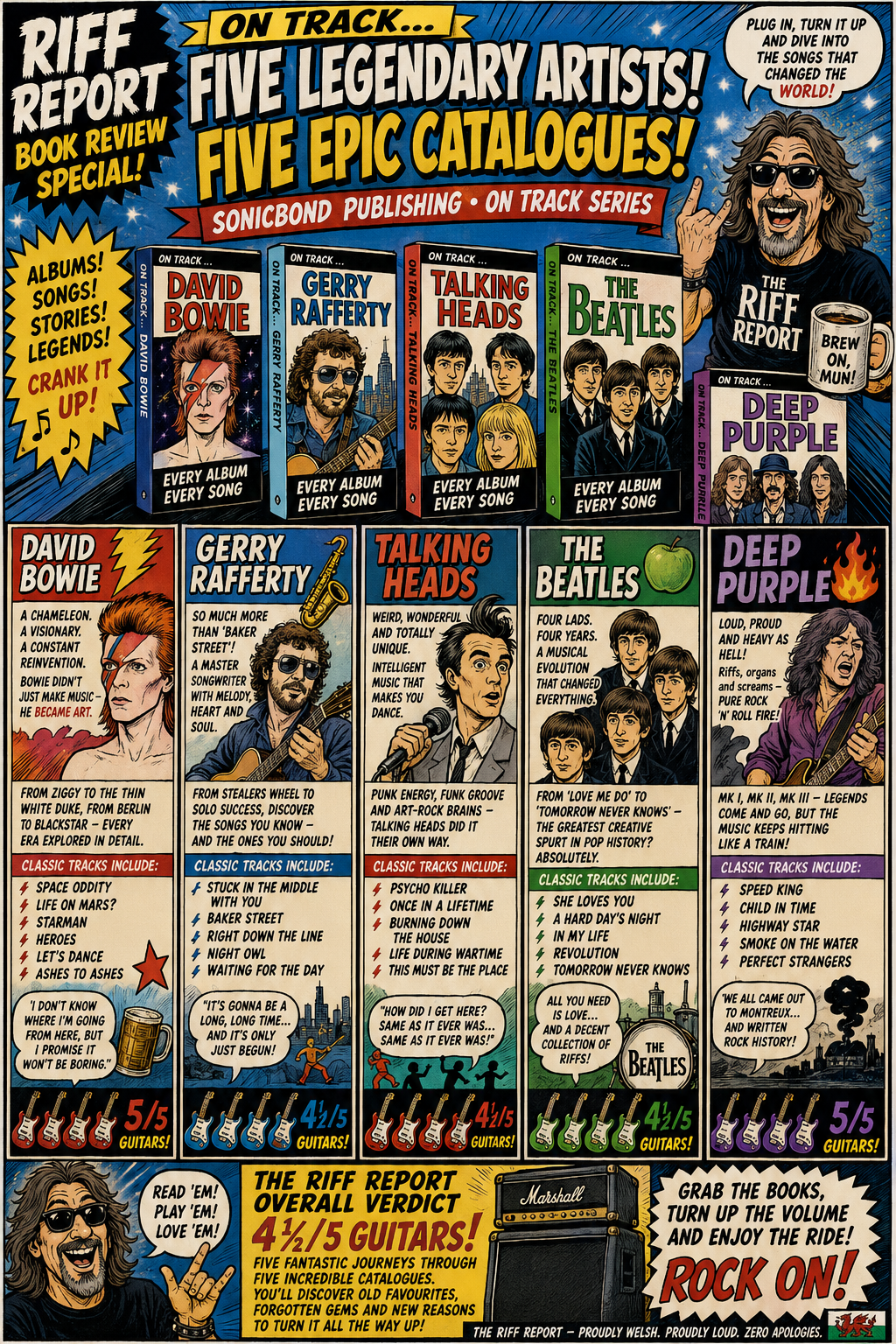 Colorful comic poster advertising Riff Report—five legendary artists (David Bowie, Gerry Rafferty, Talking Heads, The Beatles, Deep Purple) with illustrated book covers.