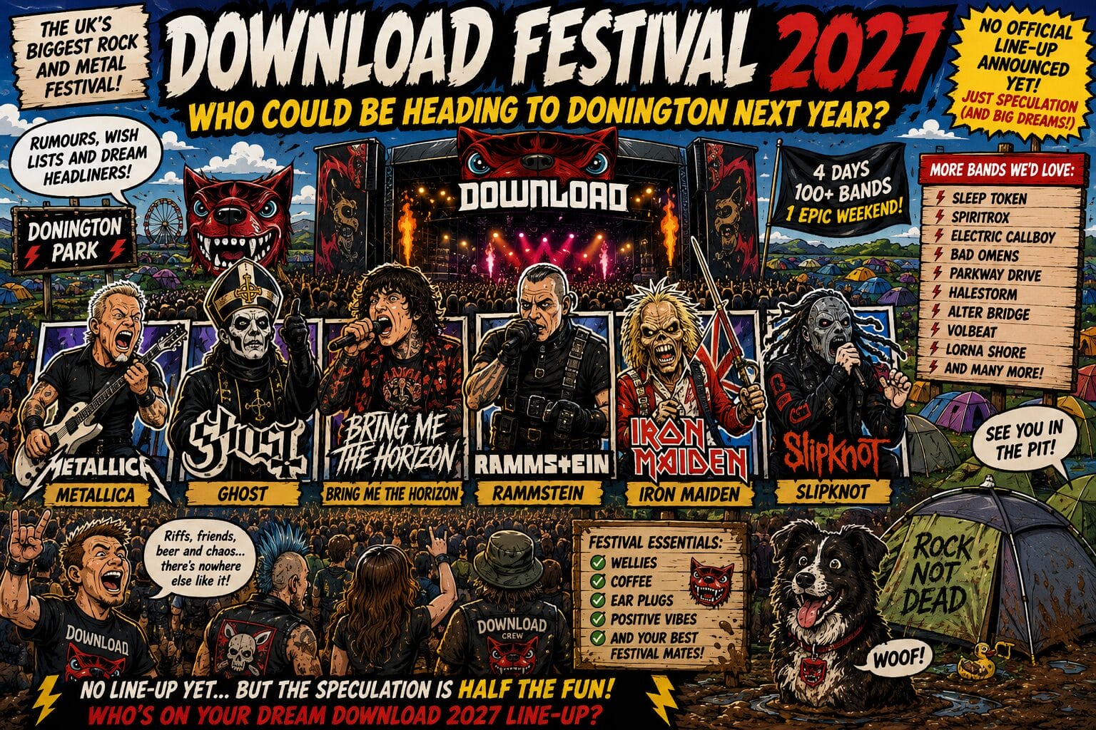 Comic-style illustration of Download Festival 2017 with a large stage, crowd, and colorful banners for Metallica, Ghost, Bring Me The Horizon, Rammstein, Iron Maiden, and Slipknot; headline reads 'DOWNLOAD FESTIVAL 2017'.