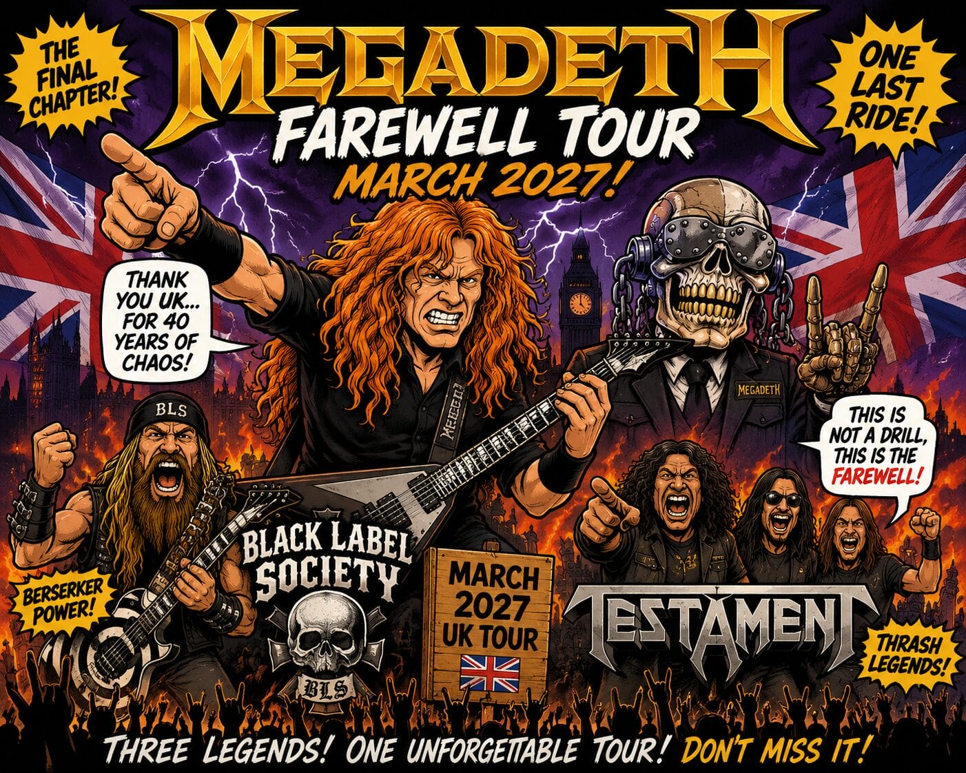 Megadeth Farewell Tour poster with band members in a fiery crowd scene, UK flag backdrop, and bold text: 'MEGADETH', 'Farewell Tour', 'March 2027', plus speech bubbles like 'Thank you UK... for 40 years of chaos!' and 'This is not a drill, this is the farewell!'