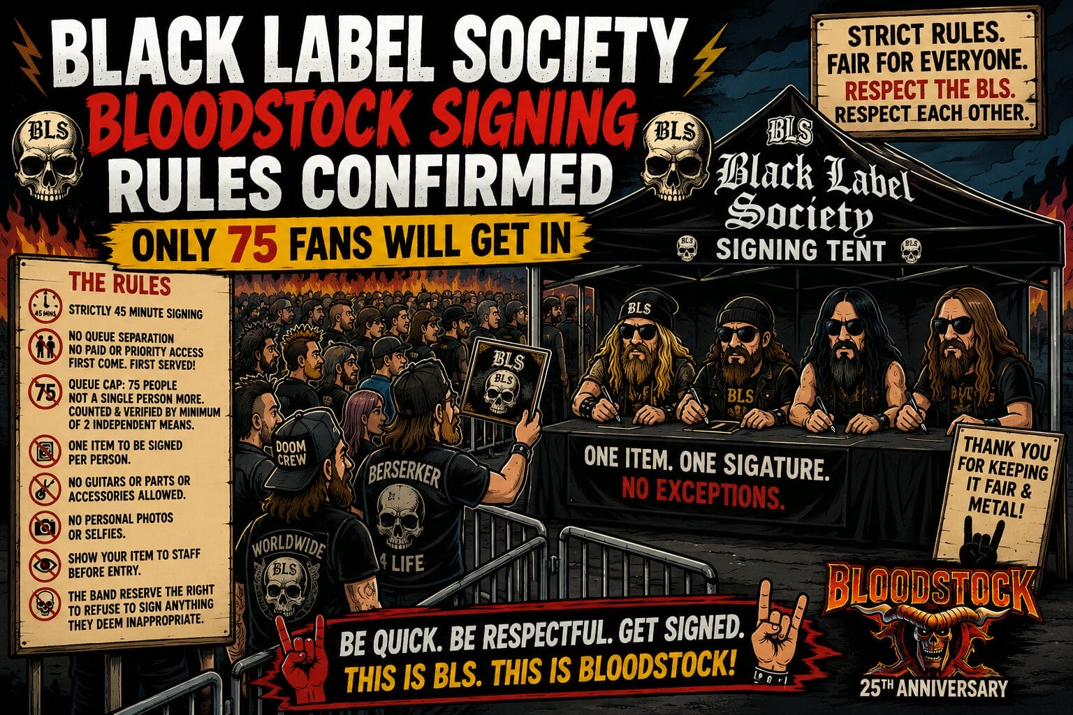 Illustrated poster for Black Label Society Bloodstock signing, showing four band members at a signing tent with a crowd and rule boards in the background.