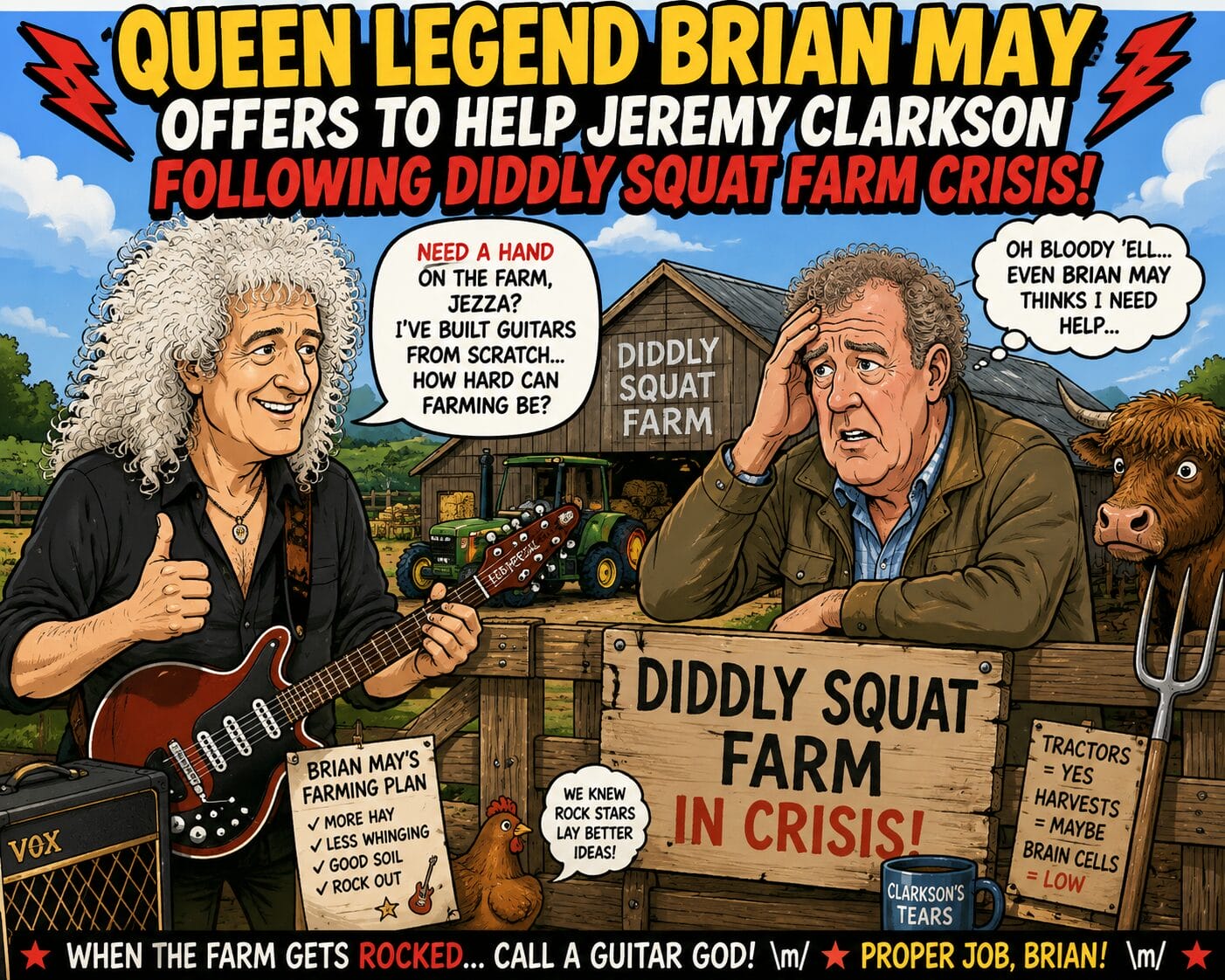 Satirical cartoon of Brian May playing a guitar and offering help to Jeremy Clarkson during a farm crisis, with Diddly Squat Farm in the background and bold headlines above.
