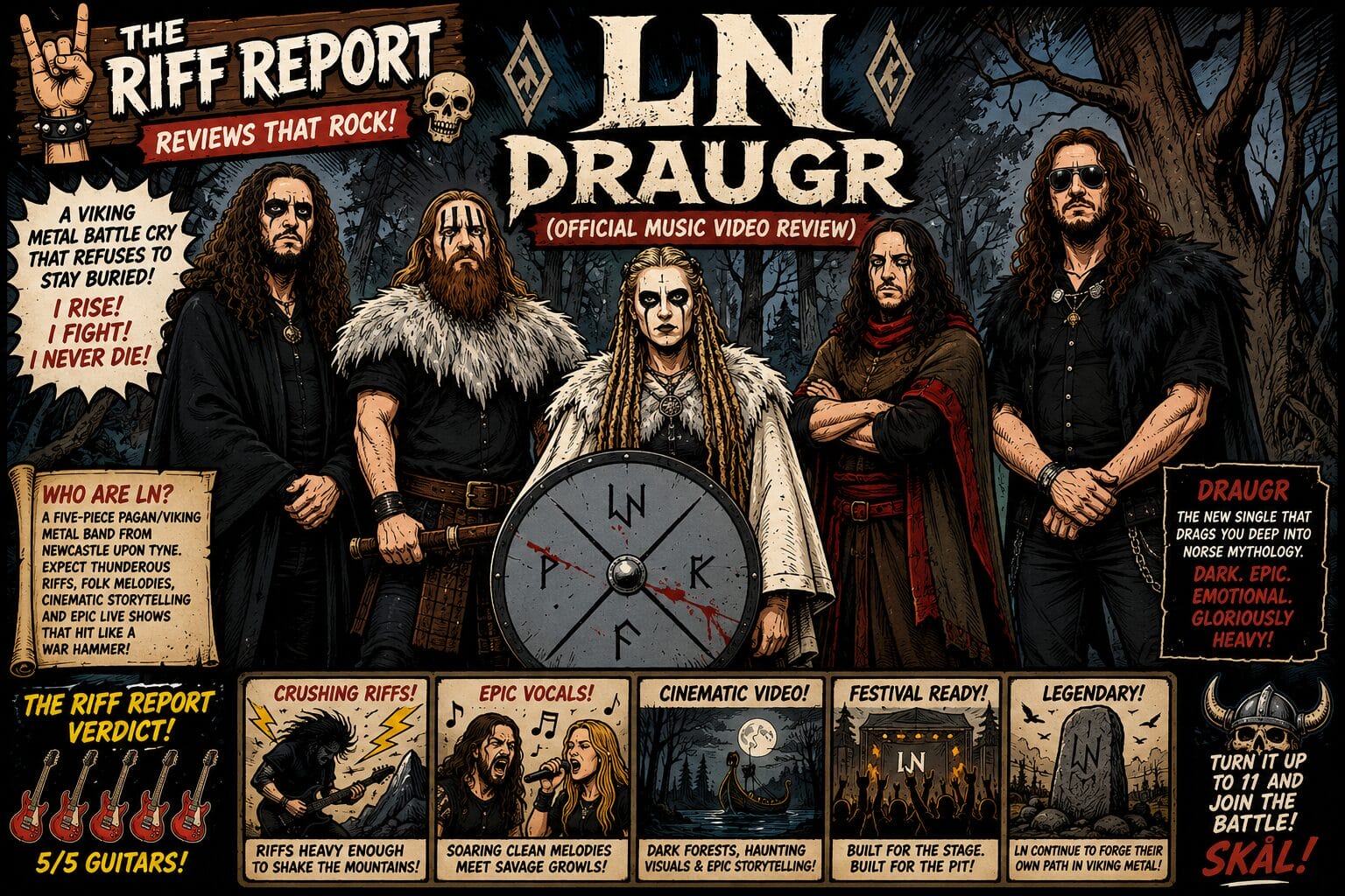 Promotional banner for LN Draugr's official music video review by The Riff Report, featuring five Viking-metal band members in a dark forest with a round shield in the center.