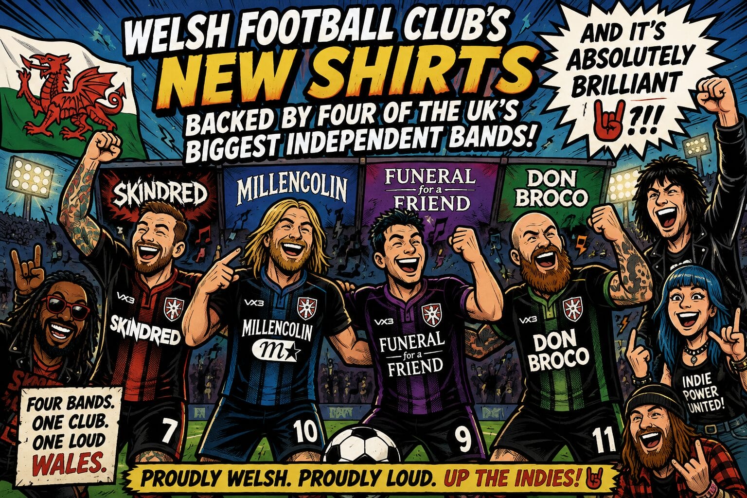 Illustrated lineup of Welsh football clubs celebrating new shirts with bold banners and a Welsh flag in the background.