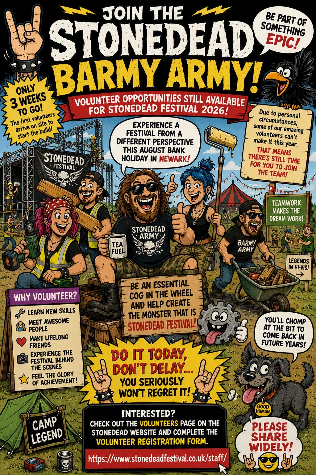 F65ff042-0d88-42e8-9fc7-b71d2ba441ac - the Riff Report Blog Colorful festival poster inviting people to join the Stonedead Festival's volunteer army with cartoon characters and banners.