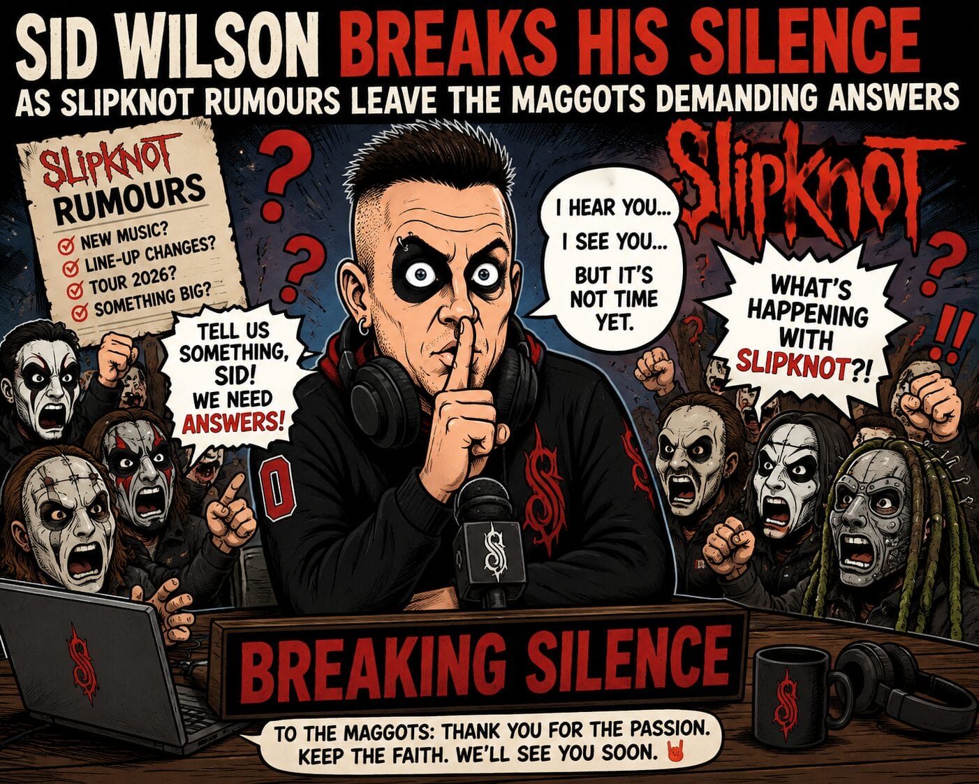 Cartoon of a man with headphones at a press desk labeled 'Breaking Silence,' finger to lips, surrounded by masked fans and Slipknot logos.