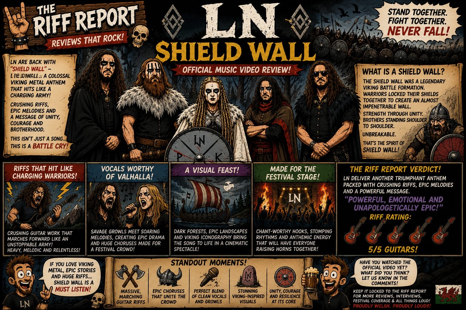 Promo banner for LN Shield Wall music video, showing five Viking-themed band members in a comic style with bold headlines.