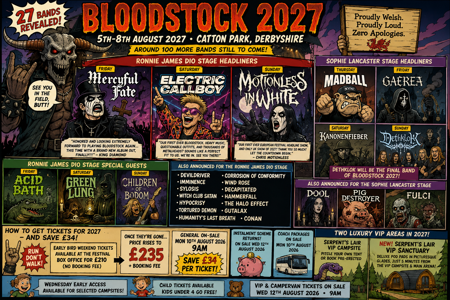 Colorful Bloodstock 2027 festival poster (Aug 5โ8, Derbyshire) with skull mascot, band portraits and ticket info.