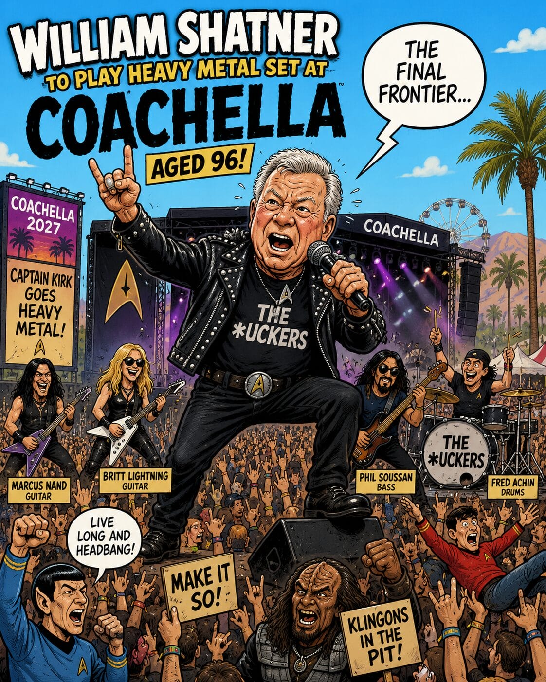 Comic-book cover of William Shatner performing a metal set at Coachella, age 96, in a studded leather jacket, on a large stage with a cheering crowd. Band members play guitars and drums labeled 'The *uckers'. Signs read 'Captain Kirk goes heavy metal!' and 'Coachella 2027'. A speech bubble says 'The final frontier...'. Palm trees and a ferris wheel appear in the background.