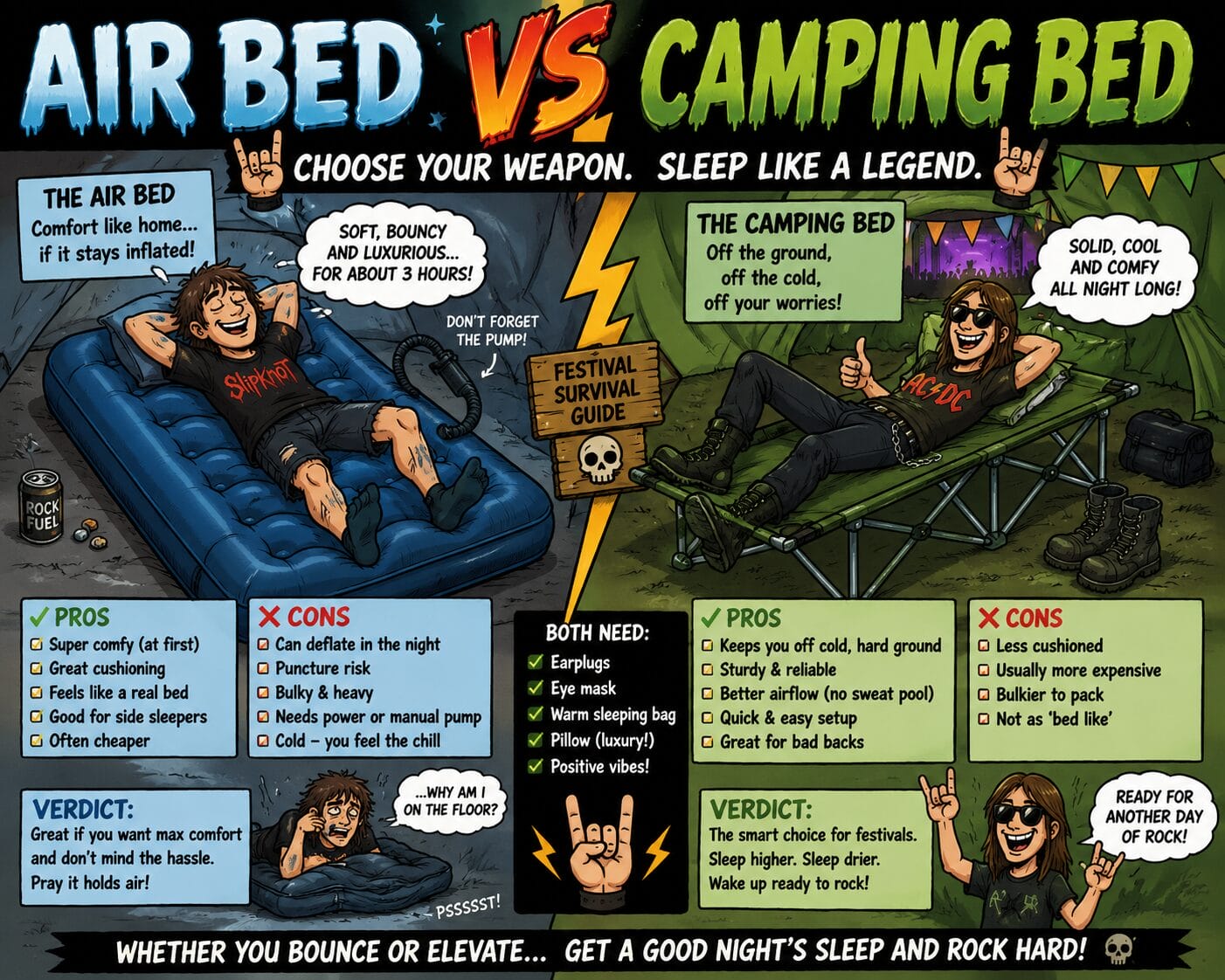 Comic-style infographic: Air Bed vs Camping Bed comparing festival sleep setups with pros/cons panels and voices from characters left and right on inflatable bed and cot.