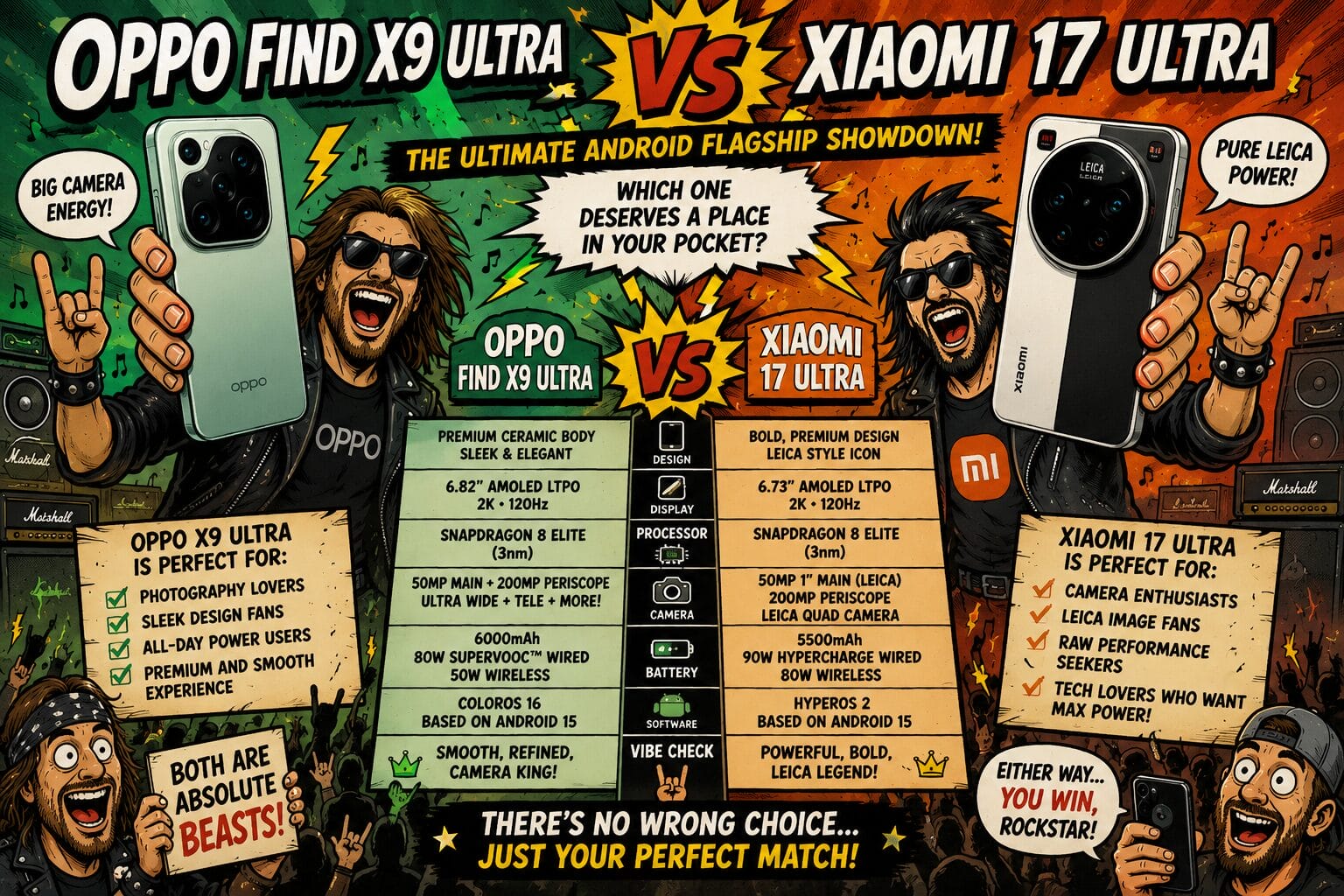 Comic‑style poster comparing Oppo Find X9 Ultra and Xiaomi 17 Ultra with bold text, two characters holding phones, and a specs table in the center?