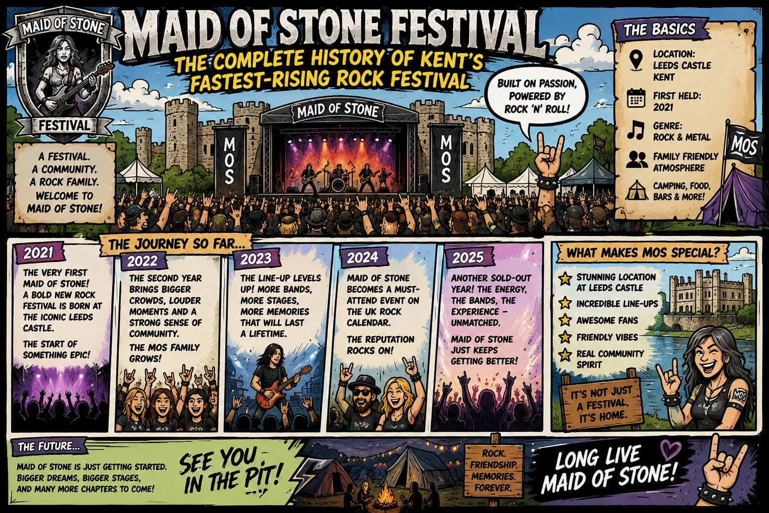 F1d6ae95-1788-48e4-8d74-ae5aaf15bb37 - the Riff Report Blog Comic-style poster advertising Maid of Stone Festival at Leeds Castle, with a large stage, crowd, and info panels.
