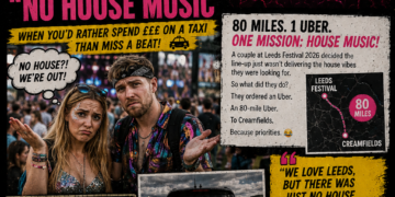 011d0d79-9eaa-429a-8955-3451c68a9f6a-1 - the Riff Report Blog Poster-style infographic about a couple taking an 80-mile Uber to Creamfields; features a distressed couple photo, Uber car, crowd/stage image, and bold yellow, pink, and white headlines showing the story.