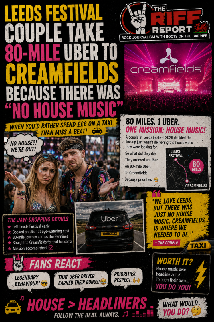 011d0d79-9eaa-429a-8955-3451c68a9f6a-1 - the Riff Report Blog Poster-style infographic about a couple taking an 80-mile Uber to Creamfields; features a distressed couple photo, Uber car, crowd/stage image, and bold yellow, pink, and white headlines showing the story.