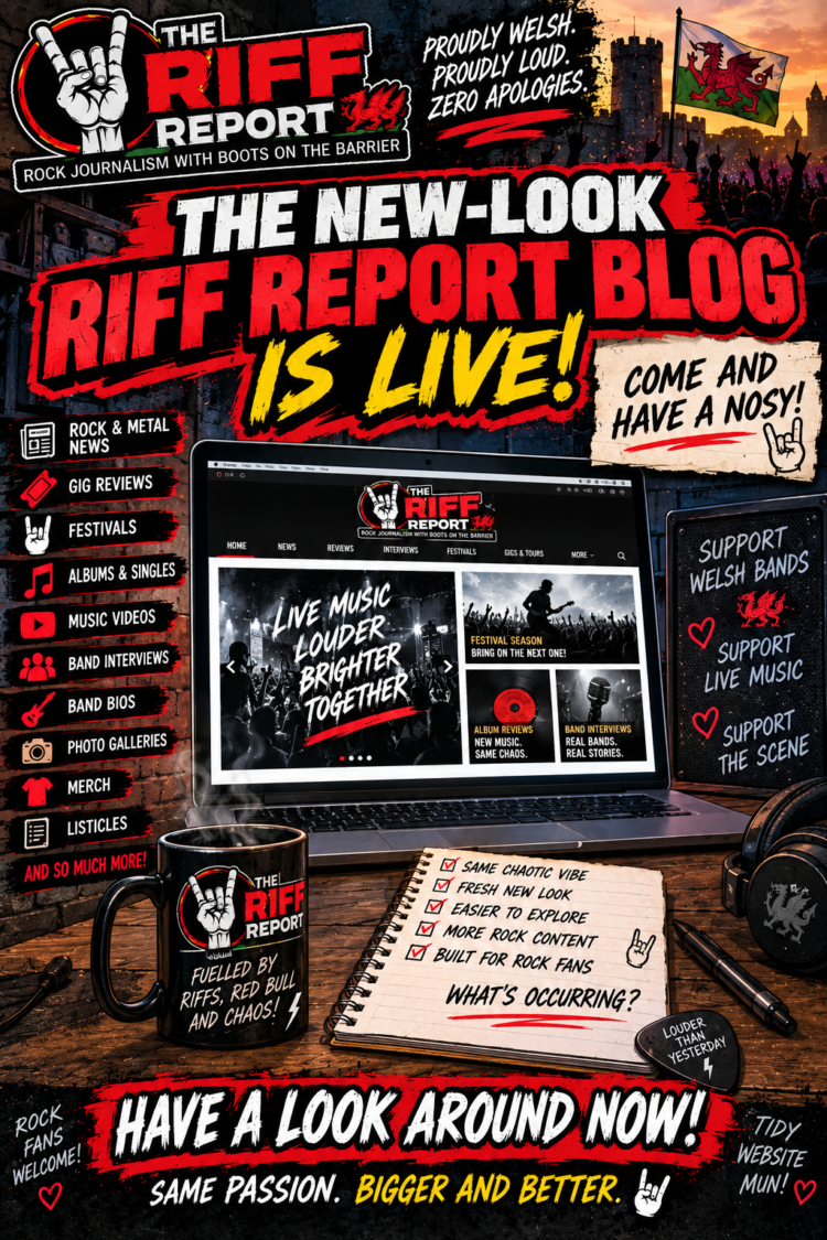 Promo poster announcing 'The New-Look Riff Report Blog Is Live!' with a laptop showing the site and a desk setup with a mug and notebook on the table.