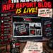Promo poster announcing 'The New-Look Riff Report Blog Is Live!' with a laptop showing the site and a desk setup with a mug and notebook on the table.