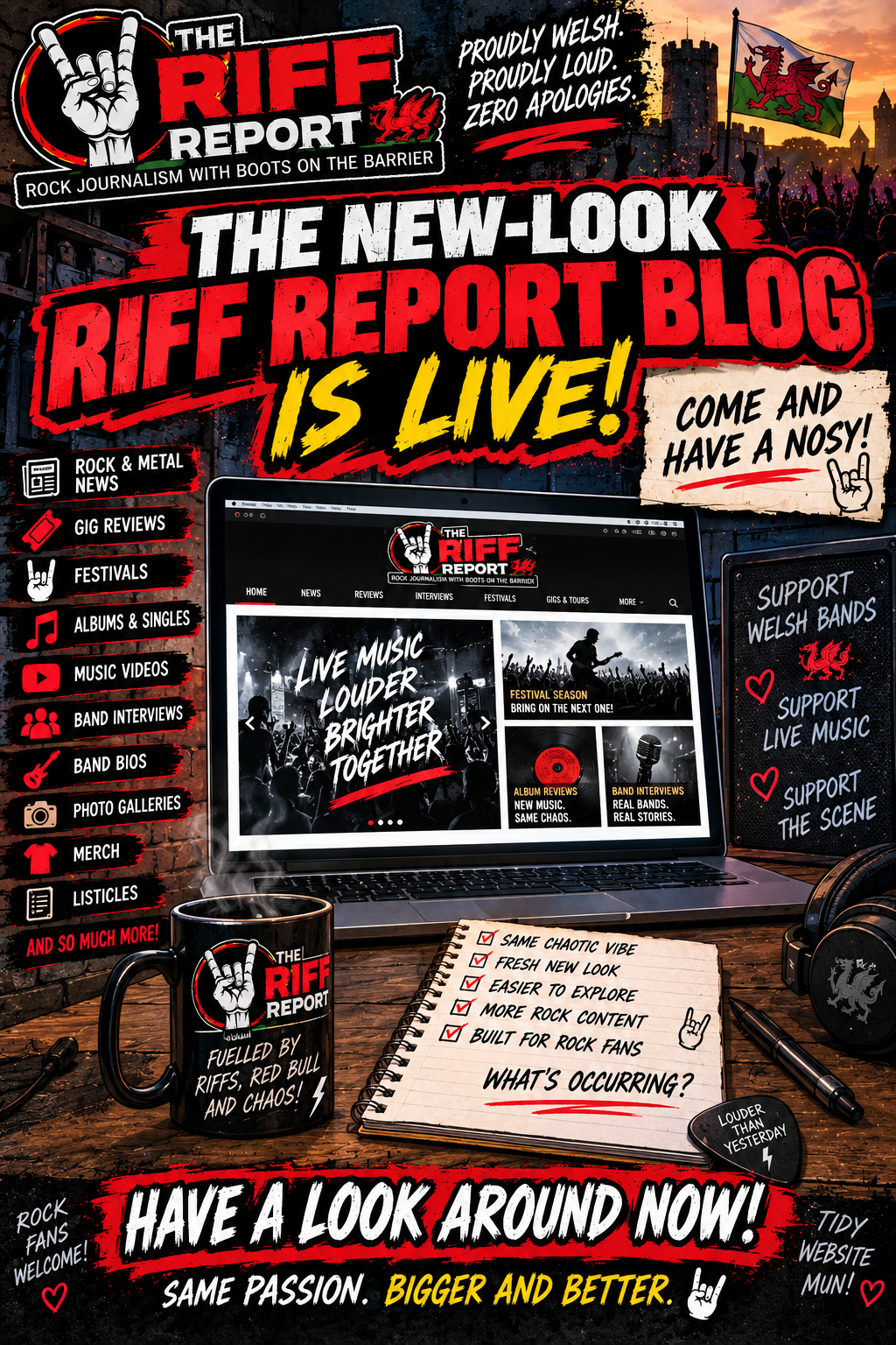 Promo poster announcing 'The New-Look Riff Report Blog Is Live!' with a laptop showing the site and a desk setup with a mug and notebook on the table.