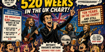 Colorful comic-book poster celebrating The Killers' Mr Brightside with a 520 weeks UK chart headline, crowd, and confetti.