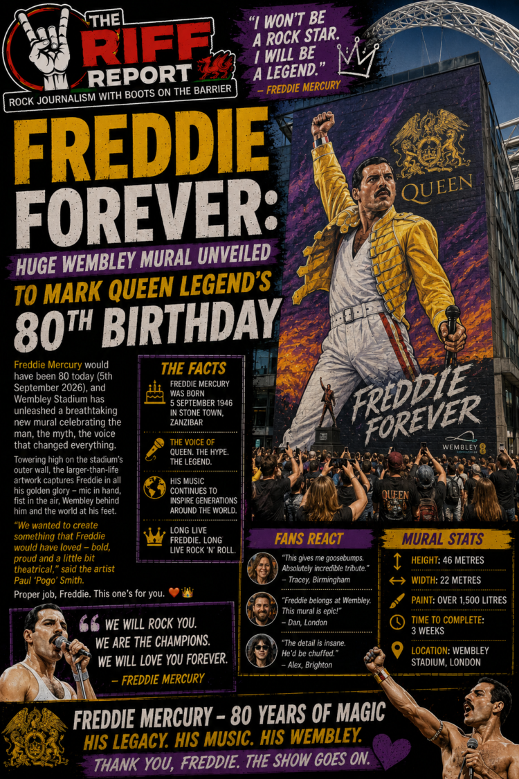 Giant Freddie Mercury mural on Wembley wall, yellow jacket and raised fist, crowd below, announcing 'Freddie Forever' and the 80th birthday.