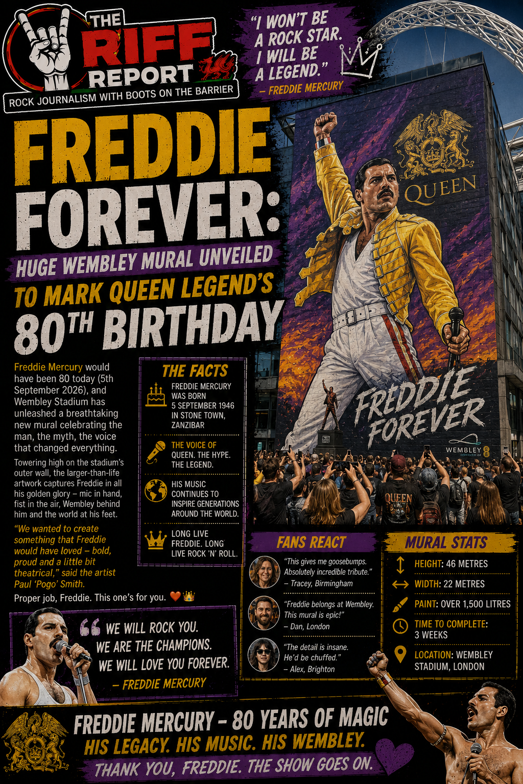 Photo: theriffreport.co.uk Giant Freddie Mercury mural on Wembley wall, yellow jacket and raised fist, crowd below, announcing 'Freddie Forever' and