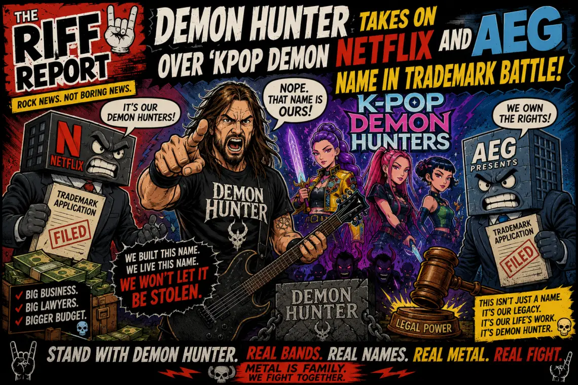 Comic-style poster announcing Demon Hunter taking on Netflix and AEG in a trademark battle, with cartoon band members, villains, and bold headlines.