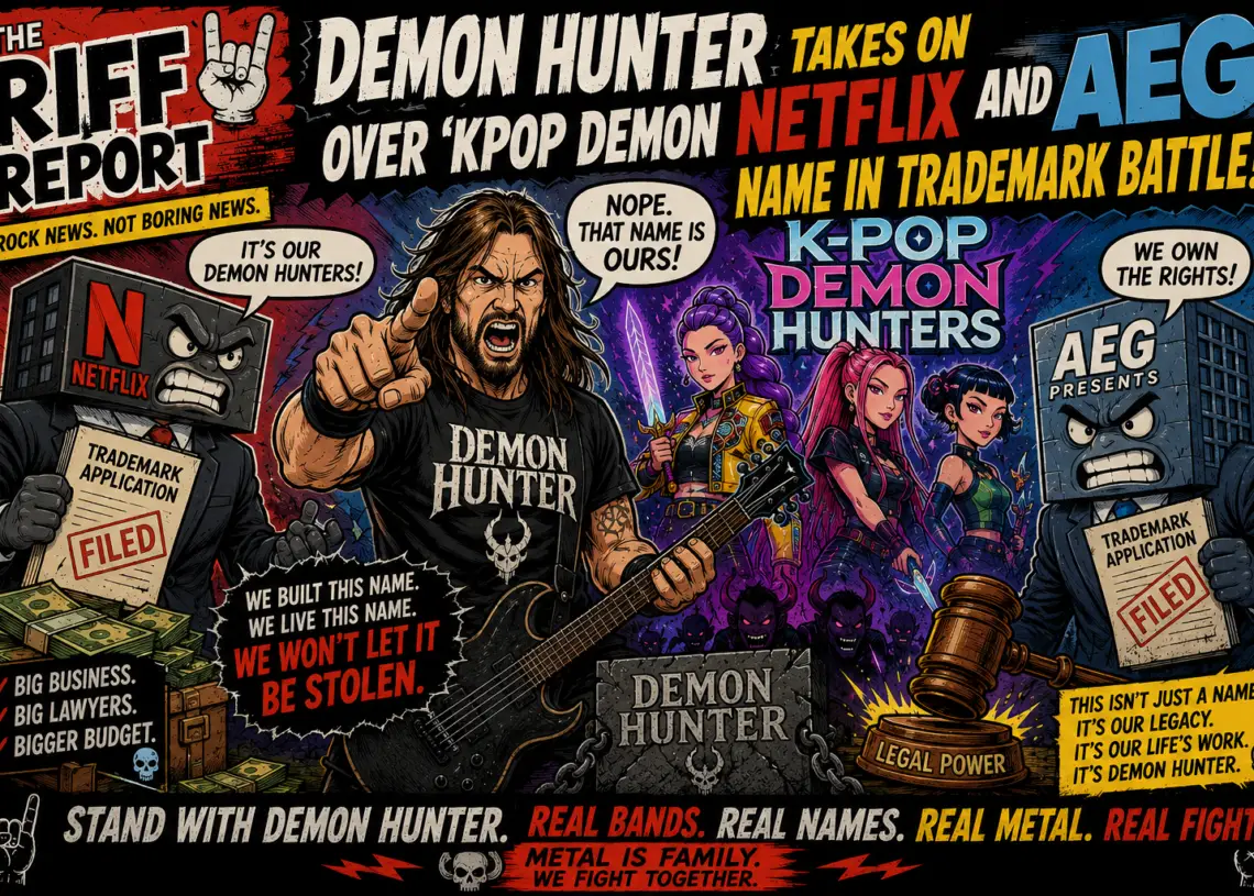 Comic-style poster announcing Demon Hunter taking on Netflix and AEG in a trademark battle, with cartoon band members, villains, and bold headlines.
