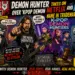Comic-style poster announcing Demon Hunter taking on Netflix and AEG in a trademark battle, with cartoon band members, villains, and bold headlines.