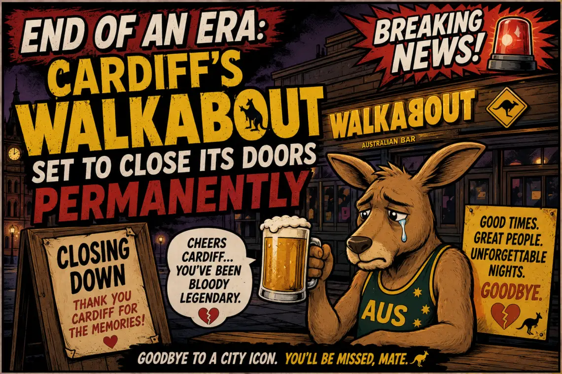Cartoon poster announcing 'End of an Era' for Cardiff's Walkabout, with a sad kangaroo holding a beer outside Australian bar.