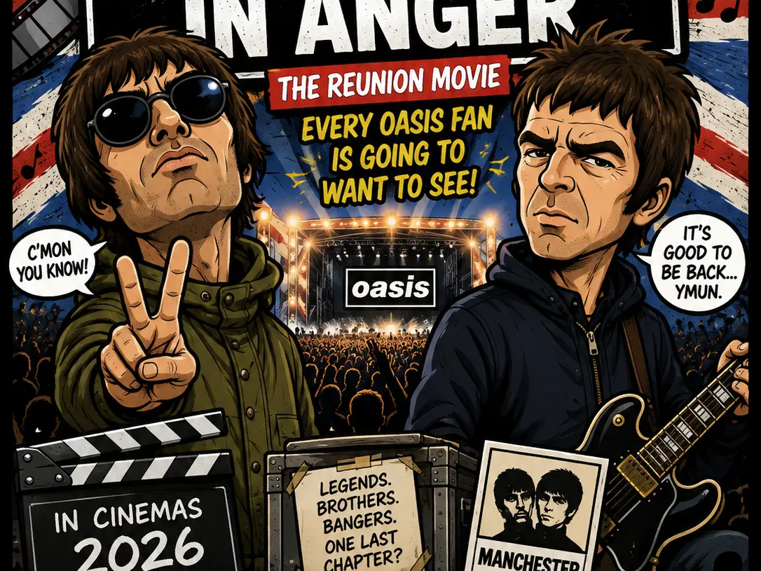 Comic-style Oasis reunion poster featuring two band members on stage, crowd in the background, and bold text: 'Oasis: Don’t Look Back in Anger' with 'The Reunion Movie' and 'Live Forever' cues; includes film clapperboard and magazine logos.